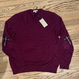 NWT Burberry Men's Maroon V-Neck Sweater with Plaid Elbow Patches